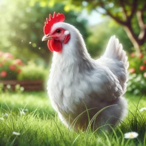 Healthy white chicken standing on grassy field, representing poultry affected by bird flu causing egg price surge.