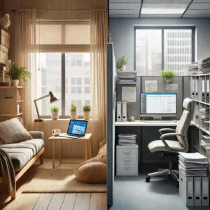 A split-screen image showing two work environments: on the left, a cozy home office with a laptop, coffee cup, and natural light. On the right, a traditional office cubicle with fluorescent lighting, a desktop computer, stacks of paperwork, and gray partitions. The contrast highlights the differences between remote work and office life.