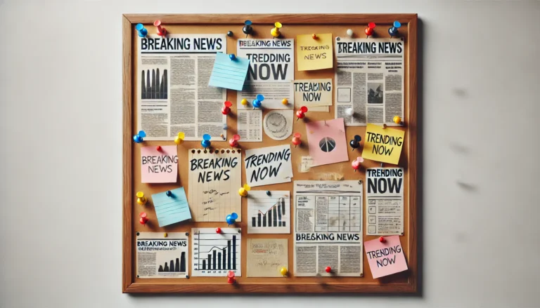 A realistic wooden bulletin board filled with pinned notes, newspaper clippings, and colorful sticky notes labeled 'Breaking News,' 'Trending Now,' and 'Latest Updates.' Perfect for staying informed on the latest news from BulletinSync.