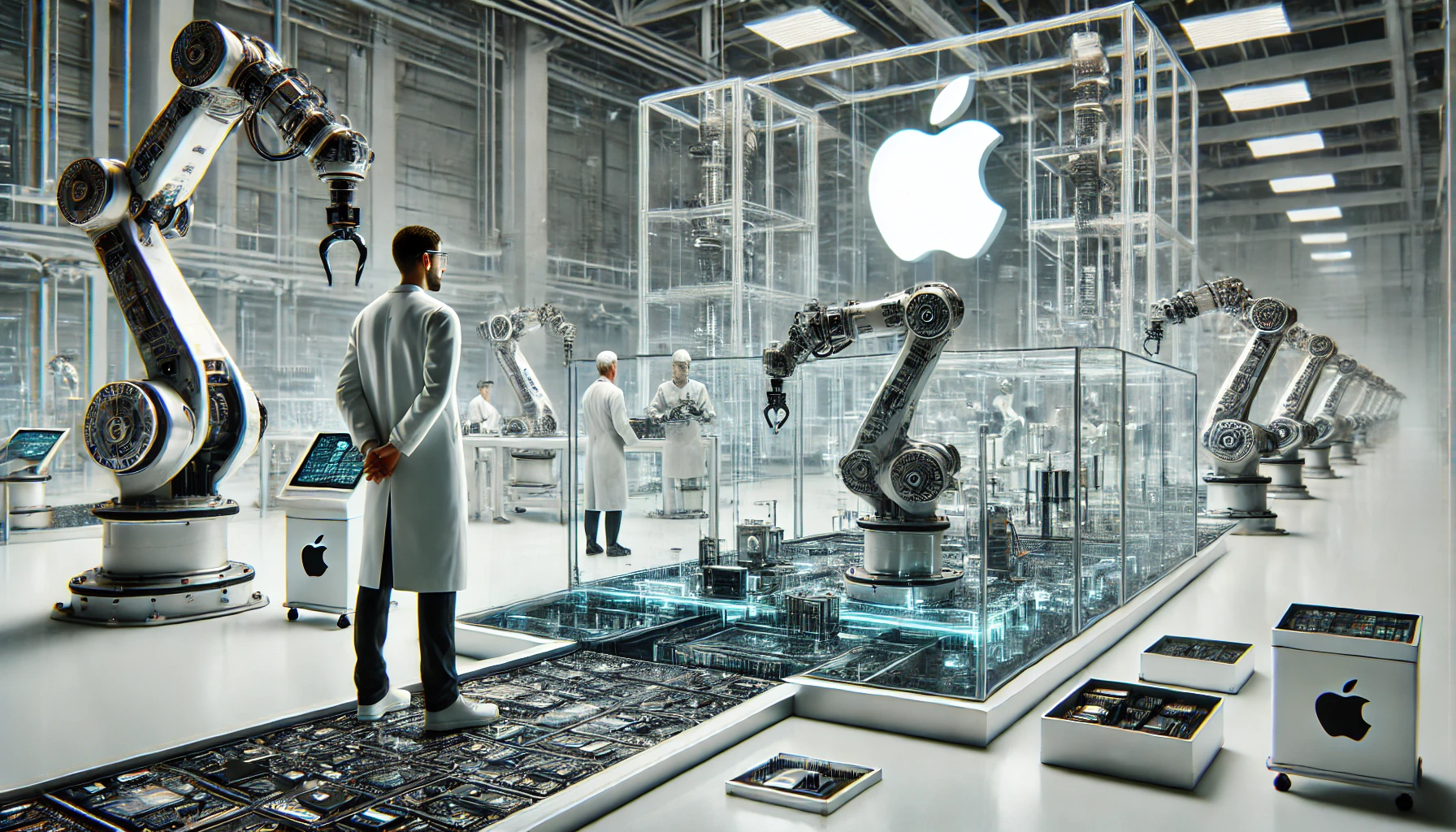 A futuristic Apple manufacturing facility in Houston, Texas, featuring AI-driven robotic arms assembling high-tech components, with engineers overseeing production in a sleek, modern factory setting.