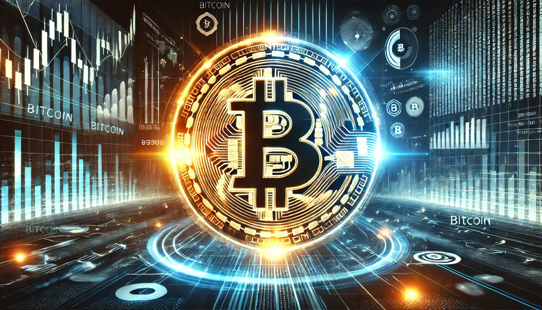 A glowing Bitcoin logo set against a futuristic financial background with abstract charts and digital elements, symbolizing the dynamic and evolving cryptocurrency market