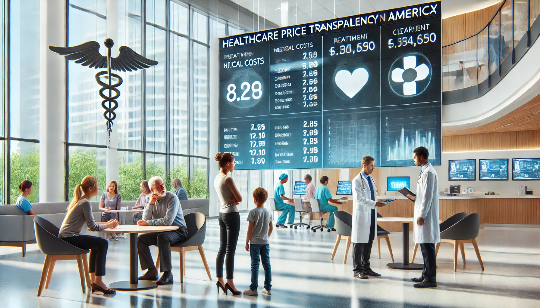 A modern hospital lobby where patients and doctors discuss medical costs. A large digital display shows clear treatment prices, while a concerned family reviews a medical bill with a financial advisor. In the background, a medical professional analyzes pricing data on a tablet. The scene emphasizes clarity and transparency in healthcare costs.