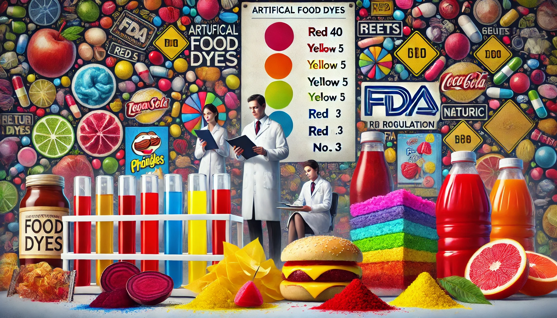 An illustration of colorful processed foods and beverages labeled with synthetic food dyes (Red 40, Yellow 5, Red No. 3). In the background, a scientist examines a test tube, representing research, while an FDA official reviews documents, symbolizing regulation. Natural alternatives like beets and turmeric contrast with artificial dyes.