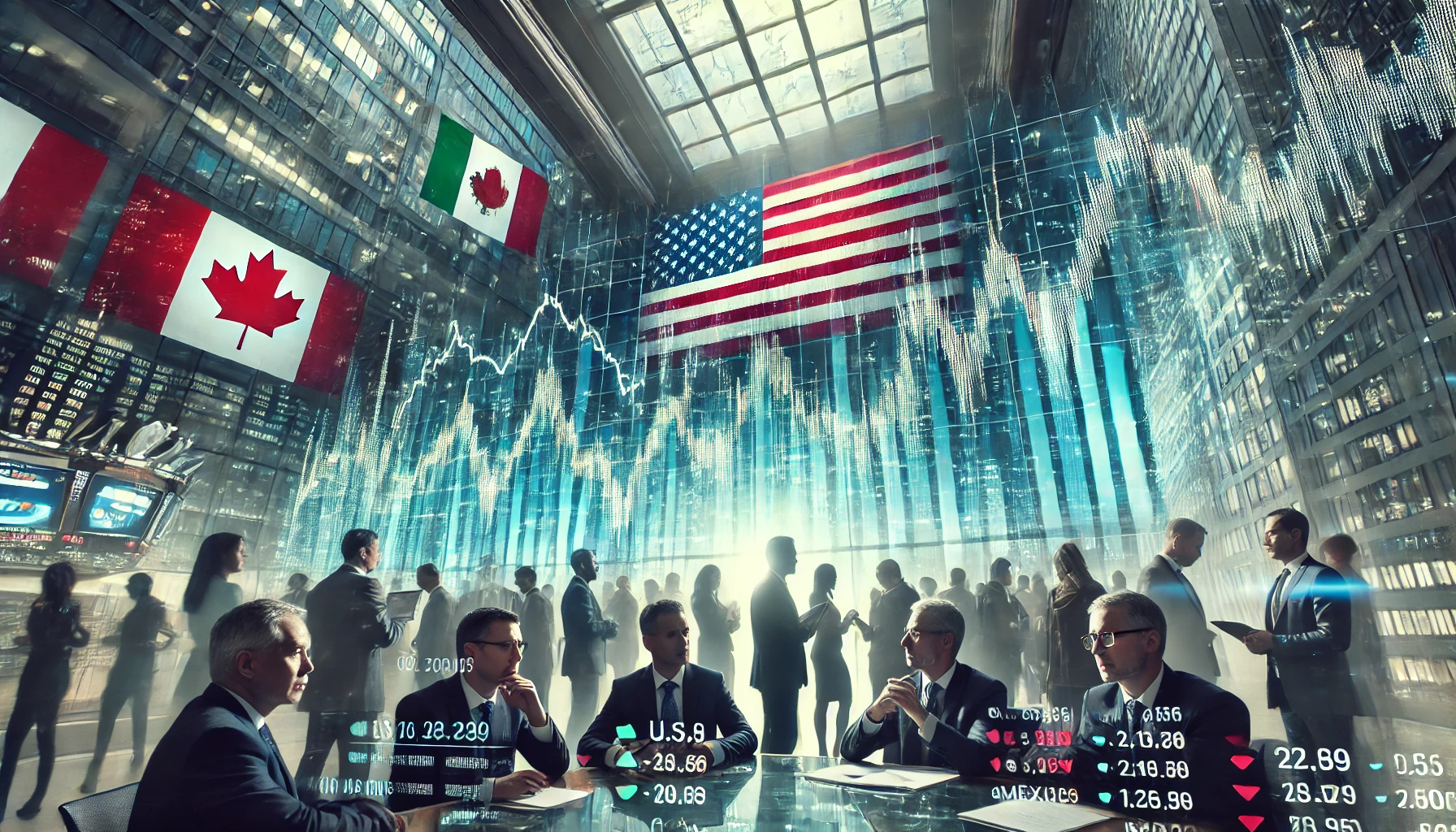 Stock market reacts to U.S. tariffs on Canada and Mexico, with traders analyzing a fluctuating graph. Flags of the U.S., Canada, and Mexico subtly appear in the background, symbolizing trade tensions.