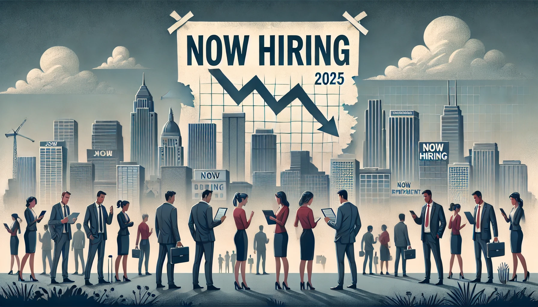 A city skyline with corporate office buildings and a torn "Now Hiring" sign, symbolizing job cuts and economic uncertainty in 2025. In the foreground, professionals look uncertain, holding job applications or checking their phones for updates, with a subtle downward employment trend graph in the sky.