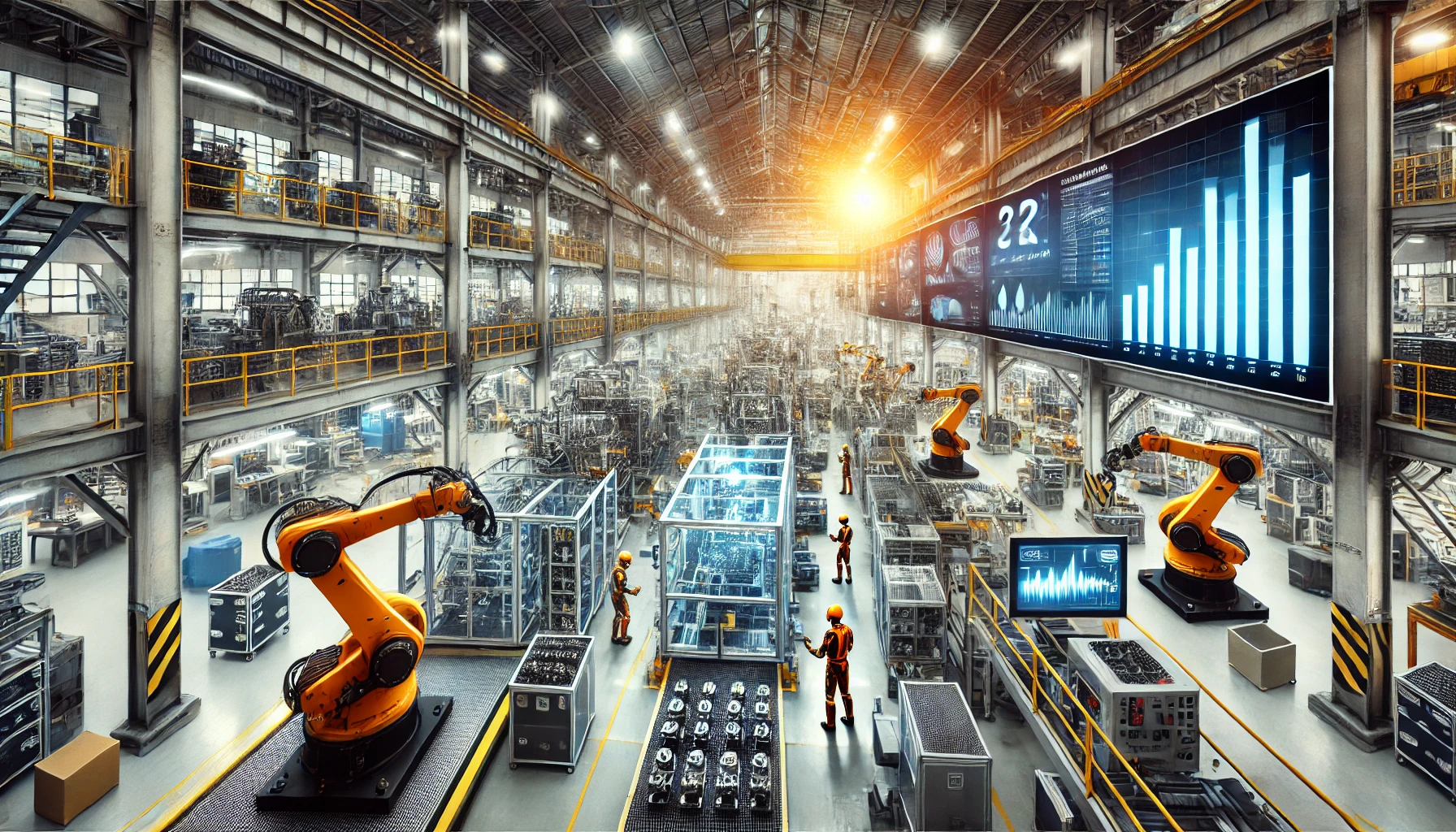 A modern manufacturing plant with assembly lines, robotic arms, and workers in safety gear operating machinery. Digital screens display production data, highlighting economic trends and the impact of tariffs on manufacturing.